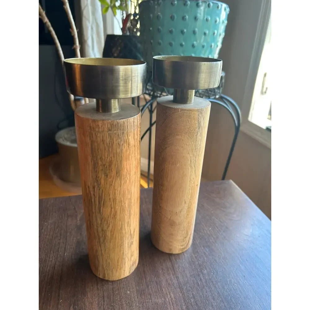 Sagebrook Home taper candle holders natural wood cylinders  brushed metal top